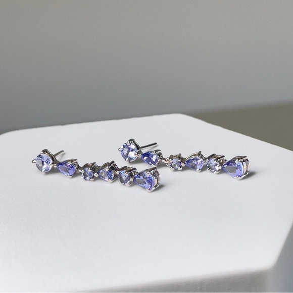 925 Silver Round and Pear Shaped December Birthstone Tanzanite Dangle Earrings - Picture 8 of 17